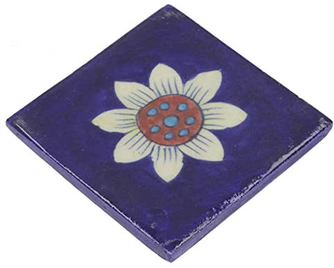 GURU SHOP Handbemalte Indische Keramikfliese, Vintage Keramik Untersetzer - Motiv 14, Blau, 10x10x1 cm, Untersetzer, Tabletts