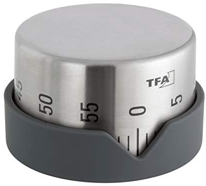 TFA Dostmann Analoger Küchen-Timer Dot, 38.1027.10, stufenlos einstellbar, 0-60min, akustischer Alarm, aus Edelstahl, grau