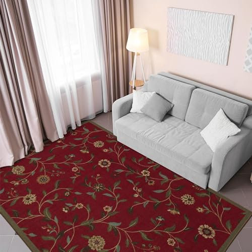 Ottomanson Ottohome-Kollektion Teppich mit Gummirückseite und modernem Blätter-Design, 100 cm x 150 cm, Rot