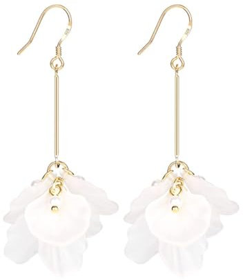 Mecool Pendientes largos con pétalos blancos y pétalos de resina sintética con perlas de imitación, Metal Perla, Perla