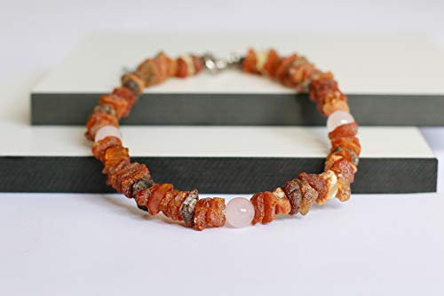 Bernsteinkette für Hunde aus Roh Baltischer Bernstein mit Rose Jade verziert | Zeckenhalsband | Bernstein Gegen Zecken | Zecken und Flohschutz Halsband (35-40 cm)