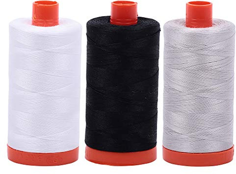 AURIFIL Cotton Mako 50wt Thread 3 Large Spools: White + Black + Aluminum (2024+2692+2615)