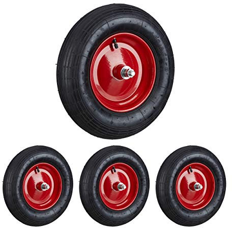Roue de brouette Caoutchouc 200 kg, Lot de 4, Roue de Rechange avec axe, Caoutchouc essieu 4.80 4.00-8, Noir-Rouge