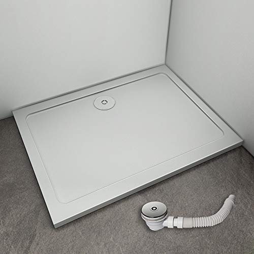 AICA sanitaire Receveur de douche rectangulaire 80x70cm en marbre minéral et résine blanche, à visser, classique, avec bonde de douche 90mm et siphon, anti-dérapant, durable jusqu'à 500kg