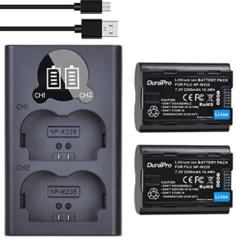 DuraPro 2pcs 2280mAh NP-W235 Battery + LCD USB Dual Charger with Type C Port for Fujifilm Fuji X-T4, X-T5, X-H2, GFX 100S, GFX 50S II Cameras