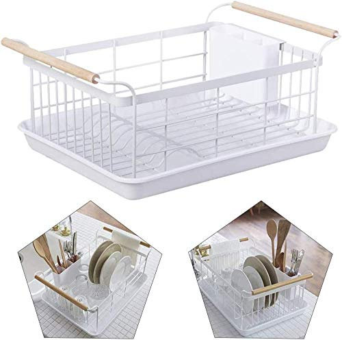 Bandeja De Goteo Cubiertos Bandeja De Goteo con Bandeja De Goteo Y Asas Vajilla De Madera Escurridor De Fregadero Marco Escurridor De Cocina De Alambre Delgado 39 * 28.5 * 18.5Cm