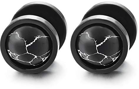 Herren Damen Kreis Ohrstecker Ohrringe mit Schwarz Weiß Marmor Edelsteine Ball, Fake Plugs Ohr Cheater Tunnel Edelstahl
