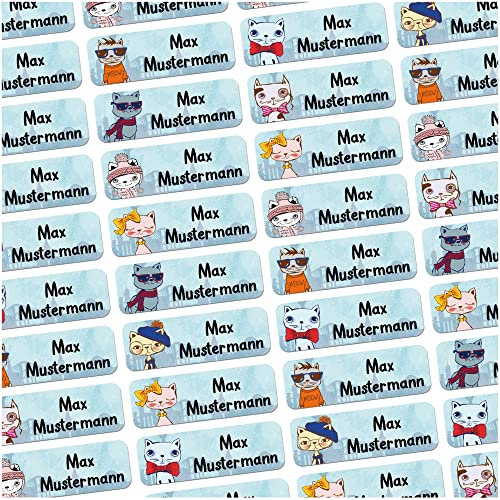 60 Stück personalisierte Namensaufkleber für Schulsache. Für Kinder Schule und Kindergarten zum Markieren von Gegenständen (Katzen) Maße 4,8x1,6cm