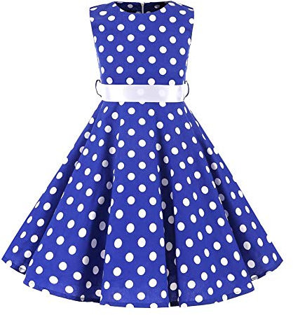 IWEMEK Robe Cérémonie Vintage Fille Enfant Rockabilly Année 50/60 Retro à Pois Polka Dot Imprimé Floral Pin Up de Soirée Fête Cocktail Noël Mariage A-Ligne Midi Bleu 9-10 Ans