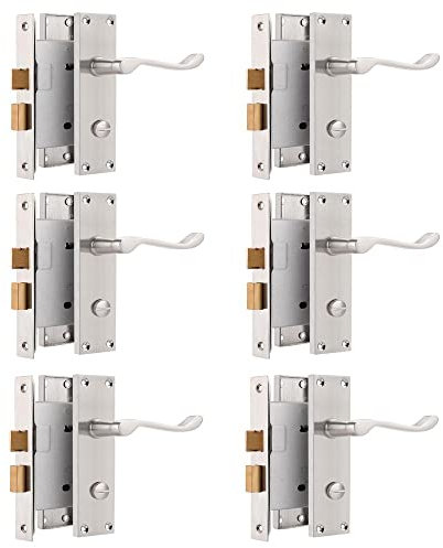 Probrico 6 Victorian Scroll Nickel Door Handle Sets, Internal Door Lock for Bathroom, 2.5 (65mm) Mortice Door Latch Included, Backplate 154mm×40mm