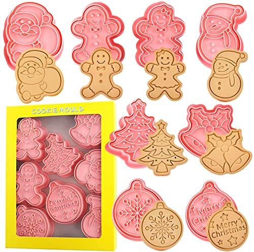 Lot de 8 emporte-pièces et tampons de Noël pressables 3D – Bonhomme en pain d'épices, arbre de Noël, bonhomme de neige, Père Noël, cloches, flocon de neige, joyeux Noël