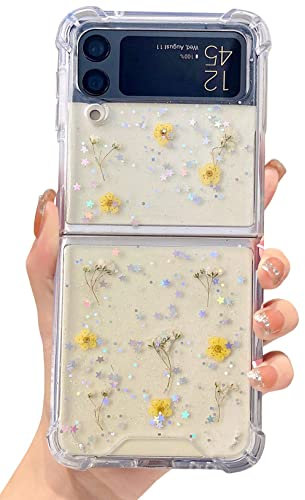 Efitoo for Samsung Z Flip 3 5G Case Flower Cute Clear with Design Bling Glitter Sparkly Durable Protective Shockproof Transparent Stars Moon Dried Pressed Floral Cover for Women Girls (Yellow Flower)