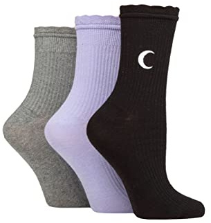 SockShop Wildfeet Ladies Mid Length Frill Top Embroidered Socks Pack of 3 Black/Lilac/Charcoal Moon 4-8
