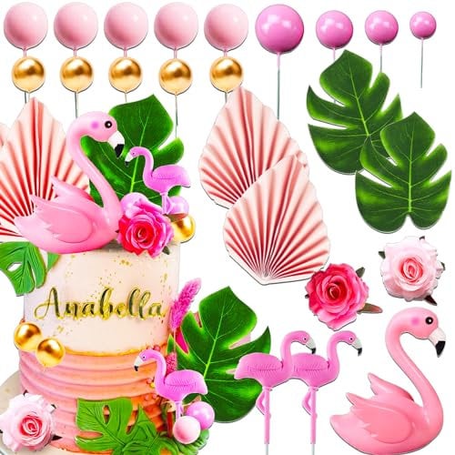 JeVenis Flamingo Kuchen Dekoration Blätter Kuchen Dekoration Gold Pink Kugeln Kuchen Dekoration Rosenkuchen Dekoration Flamingo Dekoration Tropische Party Dekoration