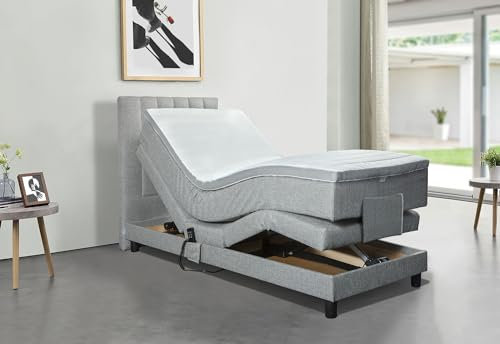 Tesla Dreams Boxspringbett 90x200 Emotion - Elektrisch verstellbare Matratze, 7 Zonen Taschenfederkern-Matratze H2/H3,Latex Topper, Grau
