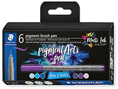 STAEDTLER brush pen pigment Arts, blues & violets, Premium-Zeichentusche, Pinselspitze für variable Linienbreite, wasserfest, 6 brush pens in sortierten Farben im Kartonetui, 371 C6-2