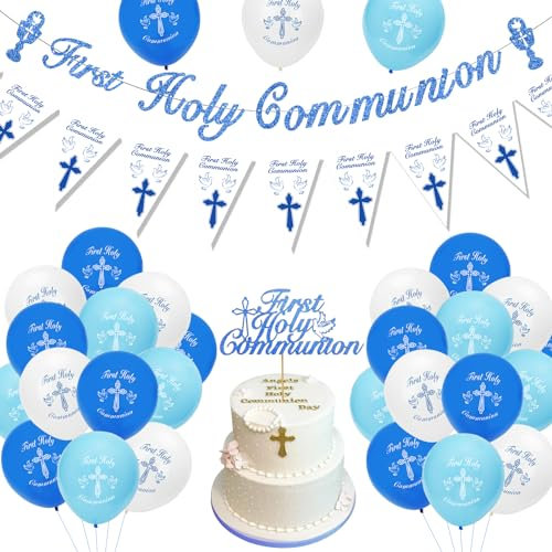 Holy Communion Decorations, First Communion Decorations Confirmation Decor,Blue Banner Pennant Bunting,Balloons,Cake Topper for Boys Christening Gifts