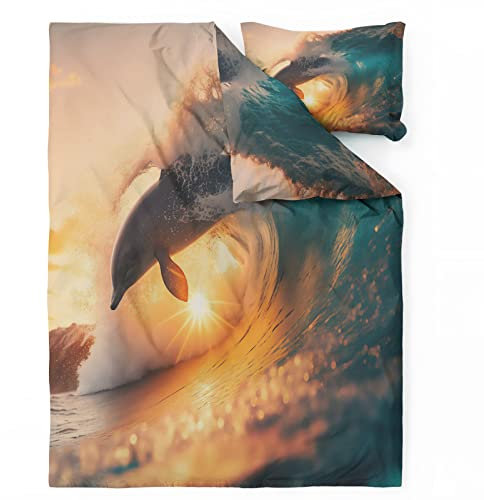 Delfin Bettwäsche 155x220 - Bettbezug 155x220 3 teilig, Wendebettwäsche und 2 Kissenbezug 80x80 cm, Weiche & Angenehme & Atmungsaktive Mikrofaser Bettwäsche-Sets mit Reißverschluss (Z298)