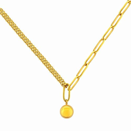 Sahallo Halskette Gold Damen für Layering Ketten Panzerkette Büroklammer Halskette Kugel Kettenanhänger Modeschmuck aus Edelstahl 18k vergoldet mit Schmuckkästchen als modisches stylisches Geschenk