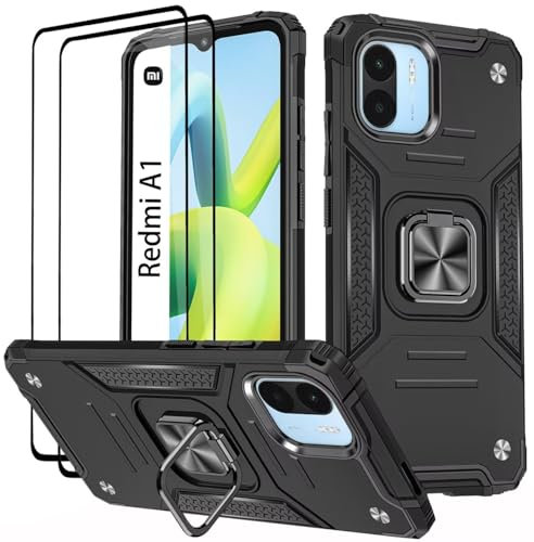 KANSi Hülle für Xiaomi Redmi A1 / Redmi A2, Schutzfolie [2 Stück] Silikon TPU Hart PC Handy Hüllen 360 Grad Drehbar Ringhalter Bumper Stoßdämpfung Schutzhülle - Schwarz
