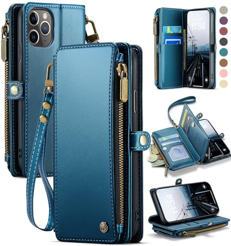 Defencase for iPhone 11 Pro Case, RFID Blocking for iPhone 11 Pro Wallet Case for Women Men with Card Holder, Zipper Magnetic Flip PU Leather Protective Cover for iPhone 11 Pro Phone Cases, Dark Blue