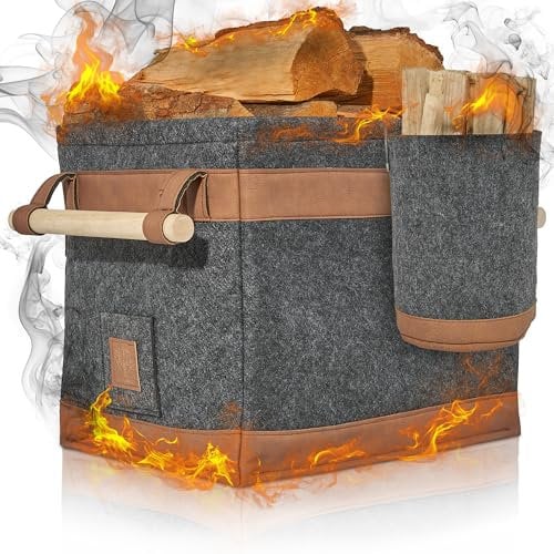 OAKAGE® Holzkorb für Kaminholz Groß mit Zündholzkorb [Schmutzabweisendes Innenfutter und Lederboden] Kaminholzkorb Feuerholzkorb Brennholzkorb Kaminkorb Filzkorb | Korb Dunkelgrau