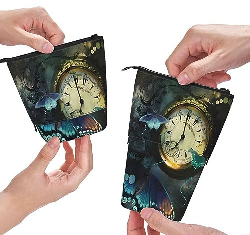 QQLADY Uhr Schmetterling Stehendes Federmäppchen Stifthalter Pop up Bleistift Tasche Schreibwaren Tasche Schreibwaren Stift Tasche Stifthalter Schreibwaren Organizer für Büro Damen Herren, Schwarz ,
