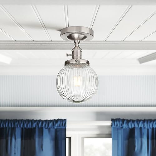 Yosoan Industrial Loft Bar Ribbed Glass Pendant Ceiling Light,Globe Ceiling Pendant Light Fitting for Kitchen Bedroom Living Room (Brushed)