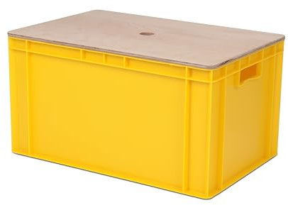 1a-TopStore Eurobox 600x400x320 mm mit Holzdeckel, Buche Multiplex 15 mm für Euroboxen, Eurobehälter, Stapelbox Serie TK, Designbox uvm. (Deckel mit Box 600x400x320 mm, gelb)
