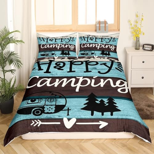 Wohnmobil Bettwäsche 135x200cm Fröhliches Camping-Thema Für Outdoor-Reisen Kinder Bettbezug Set 3 Teilig Microfaser 3D Motiv Luxus Modern Bettdeckenbezug Mit Reißverschluss und 2 Kissenbezüge 80x80cm