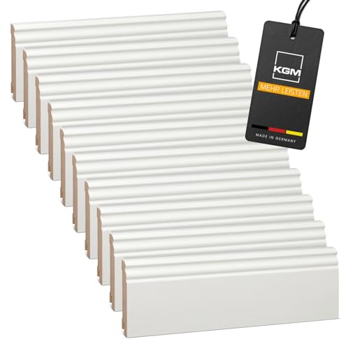 KGM Hamburger Massivholz Sockelleiste - Weiß - 2400 x 18 x 95 mm - 10 Stk. | Kiefer lackiert, Fußbodenleiste, Altberliner Profil, Wandabschluss, Kabelkanal, lösemittelfrei, für Laminat & Vinyl, 24m