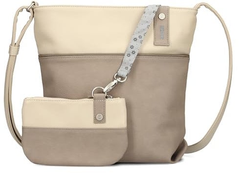 Zwei Damen Umhängetasche JANA J10 Crossbody Bag 5 Liter Handtasche im Canvas-Stil im Bicolor-Design + passender Kosmetikbeutel/Geldbeutel gratis (nubuk-cappuccino)