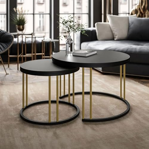 lukmebel Couchtisch rund 2er Set - Lori Mix 2in1 - Beistelltisch rund - Kaffetisch - Industrial Deko - Deko Wohnzimmer - Kleiner Beistelltisch - Sofatisch - Kleiner Tisch - Schwarz Matt
