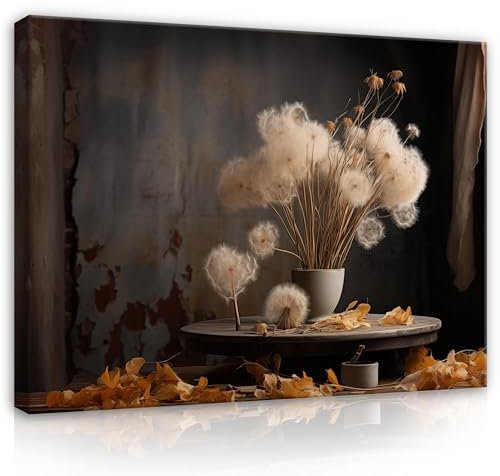 Bilder Blumensamen Löwenzahn Vase Stilleben Blumenstrauß 100x75 cm - Modern Leinwandbild Groß XXL Wohnzimmer Schlafzimmer Wandbild Kunstdruck Wandbilder Desing Wand Bild auf Leinwand Aufhängefertig
