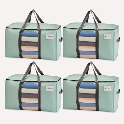 VENO 95 L Sac de Rangement Grand Pliables, Sacs de Déménagement Robustes avec Couvercle et Poignées Renforcées pour le Vêtement, Couettes et Linge de Lit, Sac à Linge(Vert Clair, Lot de 4)