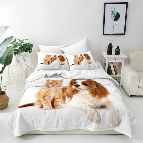 ANHOPE Katze Hund Bettwäsche Set 2 Teilig Nette Tier Combo Bettbezug 140x200 cm + Kissenbezug 65x65 cm Weich Microfaser Bettbezüge mit Reißverschluss Bettdeckenbezug für Kinder Jungen Mädchen