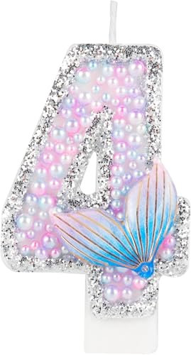 Mermaid Tail Birthday Candles, Sparkler 4th Birthday Candles, Pink Number 4 Candle for Cake, Macaron Pink Candle Cake Topper for Girls Boys Mermaid Themed 4th Birthday Party Decorations Supplies