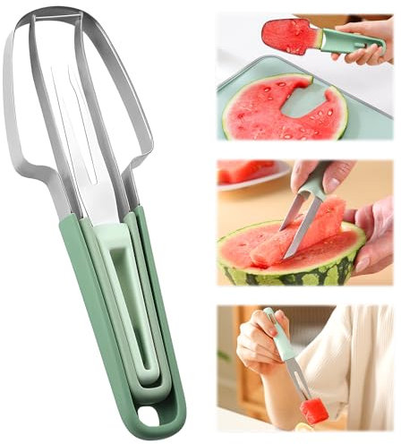 GreenYeah 3-in-1 Watermelon Fork Slicer Cutter, Cortador de Sandía, Cortador de Sandia Acero Inoxidable, Cortador de Melón, Cortador de Tenedor de Sandía 3 en 1, Herramienta Portátil De Corte Sandía