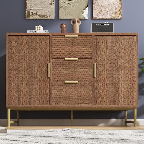 Merax Sideboard Kommode mit 3 Schubladen & 2 Türen, Buffetschrank mit Verstellbares Ablage, Aufbewahrungsschrank für Schlafzimmer, Wohnzimmer, Esszimmer, mit Metallgriffen, Dunkelwalnuss, 120x40x75cm