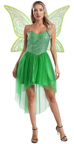 JEATHA Deguisement Fée Clochette Femme Robe Et Ailes De Papillon Cosplay Party Mascarade Halloween Carnaval Noël Spectacle Vert M
