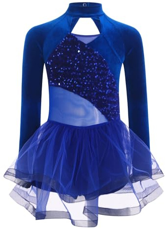 Eandarui Eislaufkleid Mädchen Langarm Samt Rollkunstlauf Kleid Kinder Pailletten Glitzer Tanzbody Stehkragen Trikot Mit Tüll Tutu Rock Tanzkostüm
