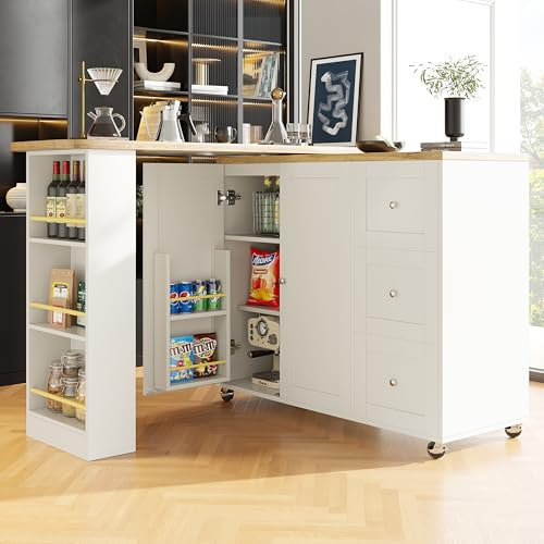 SogesHome Mesa de bar giratoria 360° con isla de cocina, carrito de cocina, isla de almacenamiento con ruedas con 3 cajones, 2 puertas, porta aperitivos y estante lateral para cocina, comedor, salón,
