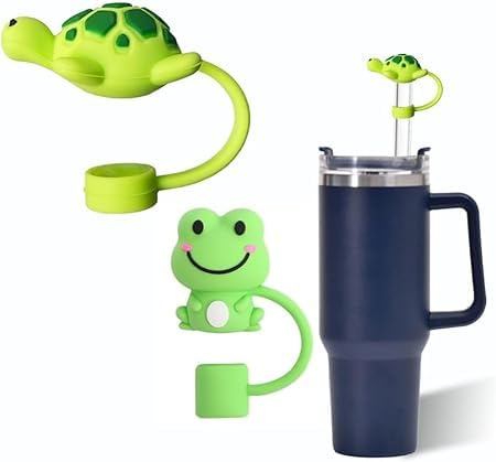 2 Pcs Straw Cover for Stanley 40&30 Oz Cup, 10mm Silicone Straw Covers Cap for Stanley Cup Accessories, Cute Straw Topper for Tumblers, Straw Cap Stopper for Reusable Straws (Turtle and Frog)