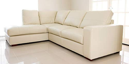 Modernes L-förmiges Ecksofa in cremefarbenem Kunstleder, linke Hand, Chaiselongue für stilvolles Wohnzimmer