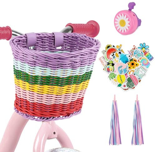 Fahrradkorb Kinder, ELEPRUC Fahrradkörbe Mädchen aus Rattan, Kinder Fahrradkorb Vorne mit Luftschlangen, Fahrradklingel, Aufkleber