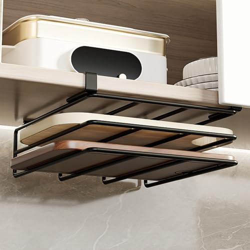 SUPYINI Hanging Chopping Board Rack, Under Shelf Rack, Carbon Steel Under Cabinet Storage Shelf Chopping Board Holder Organizer for Kitchen Pot Lids
