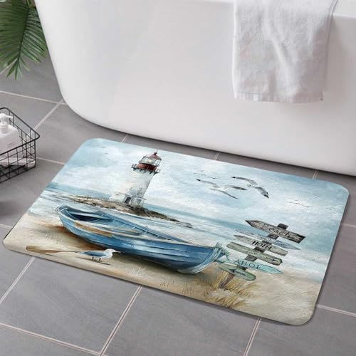 Hjokiupt Badteppiche mit nautischer Küste, Ozean, Strand, Leuchtturm, rutschfester Flanell-Badteppich, blau, blaugrün, Meerblau, Segelboot, trocken, schnell wasserabsorbierend, 43,2 x 73,2 cm
