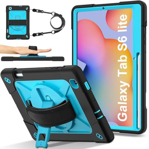 Funda protectora para tableta Tablet PC Case Compatible with Samsung Galaxy Tab S6 Lite 10.4 P613/P619 2022,Full-Body Heavy Duty Shockproof Protective Cover with Wrist Strap Stand,Pencil Holder(Black+