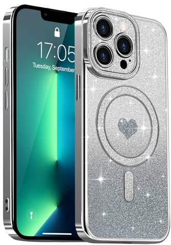 Lafunda Magnetic for iphone 13 Pro Case Glitter, Silver | Compatible with Magsafe, Luxury Plating Sparkle Cute Heart Pattern Case for Women Girls, Glossy Soft TPU Shockproof Cover