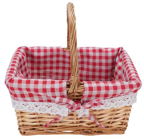 Panier Pique-Nique en Osier, Doublure Amovible Vintage, Panier Jardin en Rotin avec Couvercle Et Poignée, pour Pâques, Camping, Panier Pique-Nique Vide (Plaid Rouge)